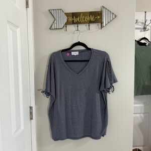 Thyme & Honey Casual Striped V-Neck Tee with Cut out Tie Sleeves